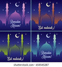 Ramadan Kareem, vector illustration with mosque or masjid, with half moon and star. Eid Mubarak greeting card.