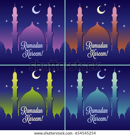 Ramadan Kareem, vector illustration with mosque or masjid, with half moon and star. Eid Mubarak greeting card.