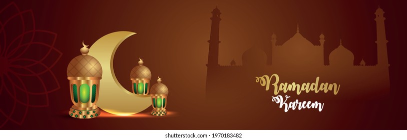 Ramadan kareem vector illustration on creative realistic background with creative islamic lantern and pattern moon 