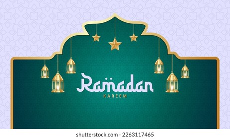 Ramadan Kareem, Vector Illustration of Stage with Decorative Lights and Gold Colored Stars. Ramadhan holy month. Suitable for banners, web, speech, advertising etc