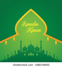 Ramadan kareem vector illustration with texture, mosque, and arabic lamp illustration