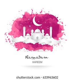 Ramadan Kareem Vector Illustration with Water Color Splash as Background. Arabic calligraphy