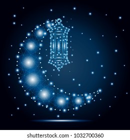 Ramadan Kareem. Vector islam religious illustration of polygonal arabic lantern fanoos and polygon crescent moon. Muslim holy month Ramadan postcard design. Low poly design. Wireframe concept