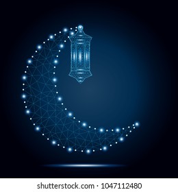 Ramadan Kareem. Vector islam religious illustration of polygonal arabic lantern fanoos and polygon crescent moon. Muslim holy month Ramadan postcard design. Low poly design. Wireframe concept