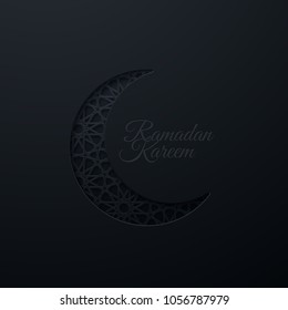 Ramadan Kareem. Vector islam religious illustration of paper cut crescent moon. Muslim holy month Ramadan postcard design. Black banner textured with carved traditional girih pattern