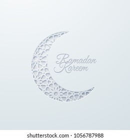 Ramadan Kareem. Vector islam religious illustration of paper cut crescent moon. Muslim holy month Ramadan postcard design. White banner textured with carved traditional girih pattern