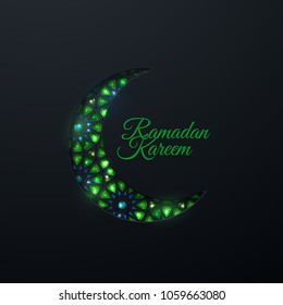 Ramadan Kareem. Vector islam religious illustration of gemstones encrusted crescent moon. Muslim holy month Ramadan postcard design. Black banner with carved girih pattern and shiny gem crystals
