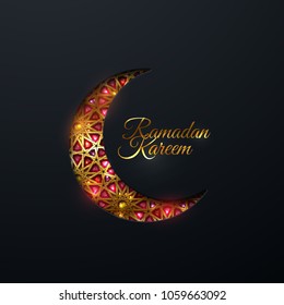 Ramadan Kareem. Vector islam religious illustration of gemstones encrusted crescent moon. Muslim holy month Ramadan postcard design. Black banner with golden girih pattern and shiny gem crystals
