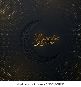 Ramadan Kareem. Vector islam religious illustration of paper cut crescent moon with golden glitters. Muslim holy month Ramadan postcard design. Black banner with carved traditional girih pattern