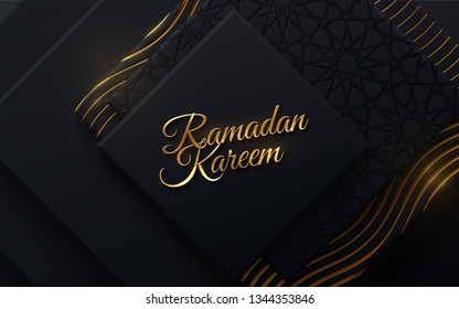 Ramadan Kareem. Vector islam religious illustration. Muslim holy month Ramadan postcard design. Black banner textured with geometric shapes and traditional girih pattern