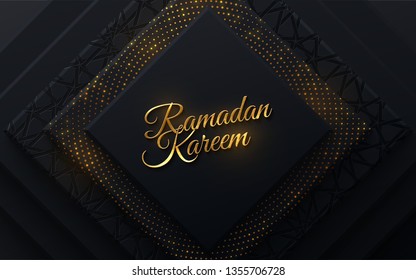 Ramadan Kareem. Vector islam religious illustration. Muslim holy month Ramadan postcard design. Black banner textured with geometric shapes and traditional girih pattern