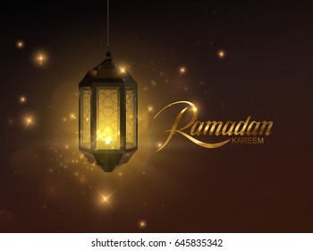 Ramadan Kareem. Vector islam religious illustration of glowing arabic lantern, shiny particles and golden label. Muslim holy month Ramadan postcard design.