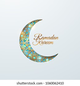  Ramadán Kareem. Ilustración religiosa vectorial de piedras preciosas encrucijada luna creciente. Mes sagrado musulmán Diseño de postales de Ramadán. Ornamento dorado y cristales turquesa brillantes