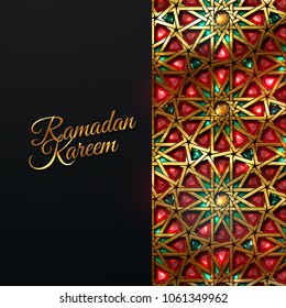 Ramadan Kareem. Vector islamic religious illustration of golden sign with red ruby ctystal mosaic on black background. Muslim holy month Ramadan postcard design. Holiday poster with girih pattern