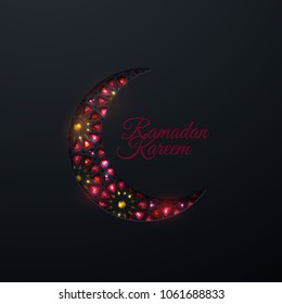 Ramadan Kareem. Vector islamic religious illustration of black crescent moon with red ctystal mosaic. Muslim holy month Ramadan postcard design. Holiday poster with girih pattern