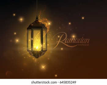 Ramadan Kareem. Vector islamic religious illustration of glowing arabic lantern and shiny particles. Muslim holy month Ramadan postcard design.