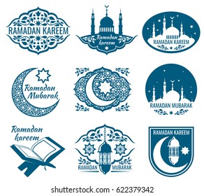 Ramadan kareem vector labels. Vintage badges with arabian islamic calligraphy