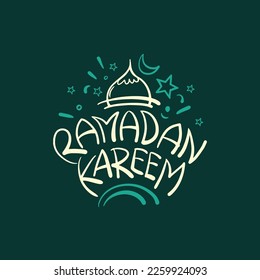 Ramadan Kareem vector lettering and calligraphy illustration for Islamic holiday background,
greeting card, calendar, poster, banner, social media template.
hand drawn typography with moon and mosque.