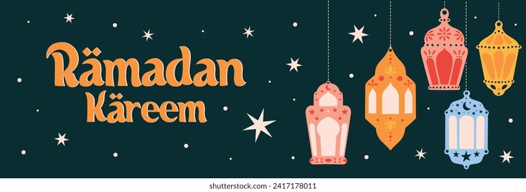 Banner de medios vectoriales Ramadan Kareem con faroles colgantes tradicionales árabes orientales ilustración de la guirnalda. Lámparas musulmanas arte. Símbolos de Ramadan Mubarak. Antecedentes islámicos con estrellas al estilo de las caricaturas