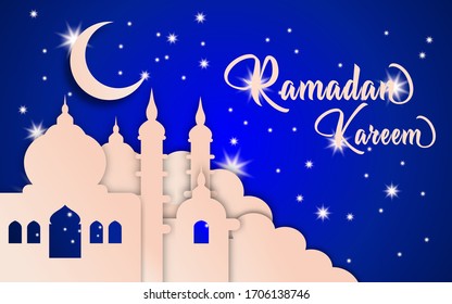 Ramadan kareem vector, moon illustration and pink mosque with gradient, on a starry blue background.