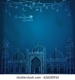 Ramadan Kareem vector mosque line sketch for greeting background - Translation of text : Ramadan Kareem - May Generosity Bless you during the holy month