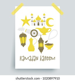 Ramadan kareem, vector muslim design, golden lanterns and mosque