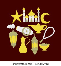 Ramadan kareem, vector muslim design, golden lanterns and mosque