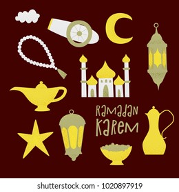 Ramadan kareem, vector muslim design, golden lanterns and mosque