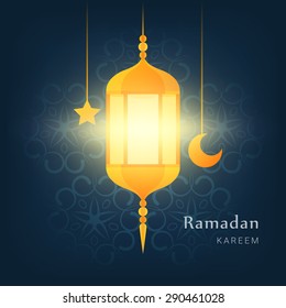 Ramadan kareem vector poster. Lantern, star and moon over ornamental background. Greetings card