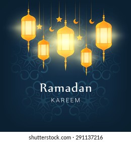 Ramadan kareem vector poster. Lanterns, stars and moons over ornamental background. Greetings card