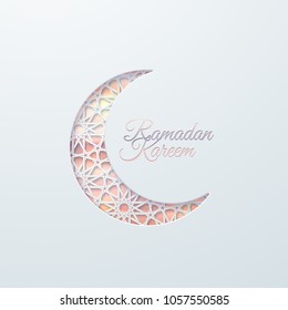 Ramadan Kareem. Vector religious illustration. Paper cut crescent moon with tradition arabic girih pattern and text. Muslim holy month Ramadan celebration. Festive event