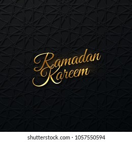 Ramadan Kareem. Vector religious illustration. Black background with tradition arabic gitih pattern and golden text. Muslim holy month Ramadan celebration. Festive event