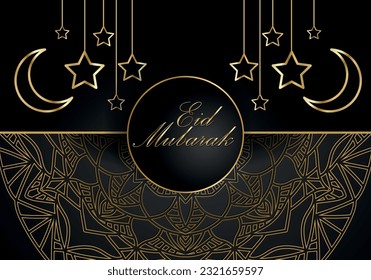 Ramadan Kareem vector set greeting card. Gold half moon on black background. Golden holiday poster with text, islamic symbol. Concept Muslim religion banner, flyer, party invitation, sale shop