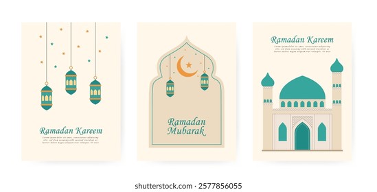 Ramadan Kareem vector set of mosque, moon crescent, stars, arches window in beige colors. illustration can be use for poster, banner, invitation, holiday cover and greeting card. Islamic template.