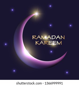 Ramadan Kareem. Vector shiny Crescent of Holy Month of Muslim Community. 3d vector realistic design with shiny stars and inscription: Ramadan Kareem. Islamic Greeting Card. Eid Mubarak. EPS 10.