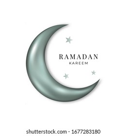 Ramadan Kareem. Vector silver 3d moon and stars isolated on white background.