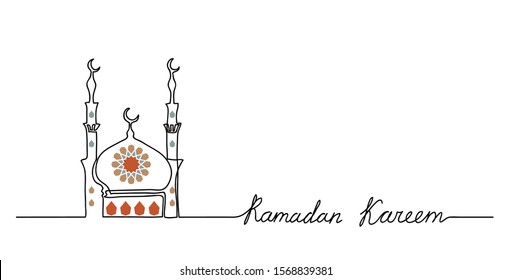 Ramadan Kareem vector simple minimal background with mosque, mandala and lettering Ramadan Kareem.One continuous line drawing.