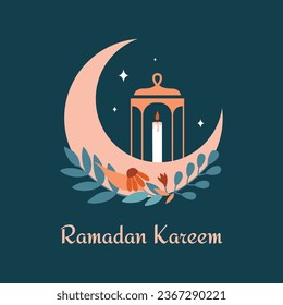 Ramadan Kareem. Vector square card with greetings, vector modern illustrations of crescent, plants, flowers, lantern, candle, stars. Flat badge in boho oriental style. Eid al-Fitr.