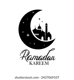 Ramadan Kareem Vector Sticker Illustration. Silhouette of Mosque and Crescent Moon in Black with Ramadan Kareem Welcome Greeting Text. Traditional Islamic Symbols.