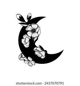 Ramadan Kareem Vector Sticker Illustration. Silhouette of Crescent moon decorated with a cherry tree branch in bloom with Ramadan Kareem Greeting Text. Traditional Islamic Symbols.