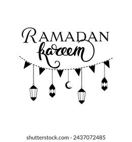 Ramadan Kareem Vector Sticker Illustration. Hanging Arabic Lanterns, Fanooses with Ramadan Kareem Greeting Text. Traditional Islamic Symbols.