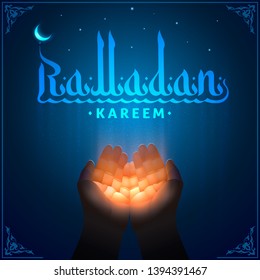 Ramadan Kareem. Vector sticker for Islamic religious month of fasting. Blue openwork text. Original font in the style of Arabic calligraphy. Night background. Praying hands of Muslim true believer