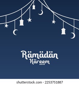 ramadan kareem vector template background with some hanging lantern, star, and crescent moon on dark blue background