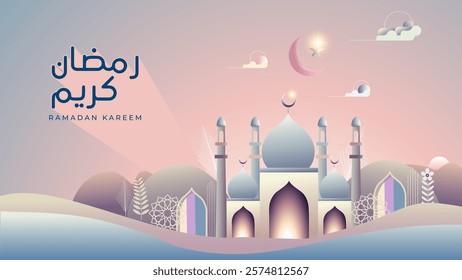 Ramadan Kareem vector, with text Arabic and English Illustration of a mosque at sunset with crescent moon,geometri, pastel gradient color, Perfect for Ramadan celebrations and greetings or background