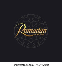 Ramadan Kareem. Vector typographic illustration of handwritten Ramadan Kareem golden retro label. Lettering composition of muslim holy month with islamic ornament