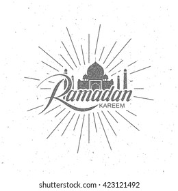Ramadan Kareem. Vector typographic illustration of handwritten Ramadan Kareem label and mosque building. Lettering composition of muslim holy month 