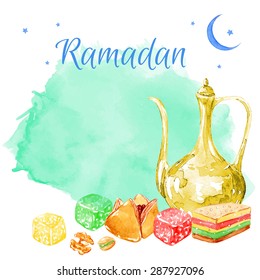 Ramadan Kareem. Vector watercolor illustration. Halal food. Islamic bakery background. Isolated elements for easy use.