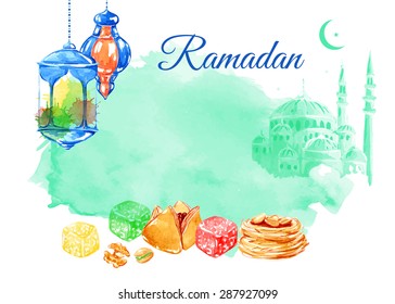 Ramadan Kareem. Vector watercolor illustration. Halal food. Islamic bakery background.  Arabic lantern. Lamps. Mosque. Isolated elements for easy use.