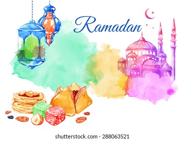 Ramadan Kareem. Vector watercolor illustration. Halal food. Islamic bakery background.  Arabic lantern. Lamps. Mosque. Isolated elements for easy use.