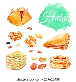 Ramadan Kareem. Vector watercolor illustration. Halal food. Islamic bakery background. Nuts, peanuts, almonds, hazelnut, raisins, pistachios, baking.